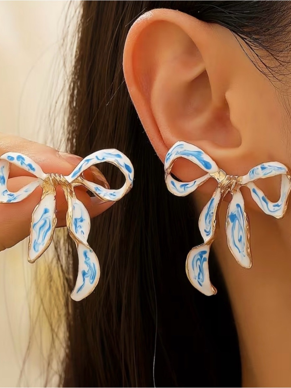 Blue & White Enamel Bow Drop Earrings
